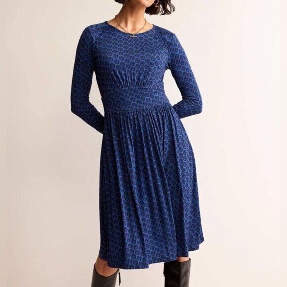 Boden Thea Long Sleeve Jersey Dress in Blue Geo Print Size 8 - Picture 1 of 11